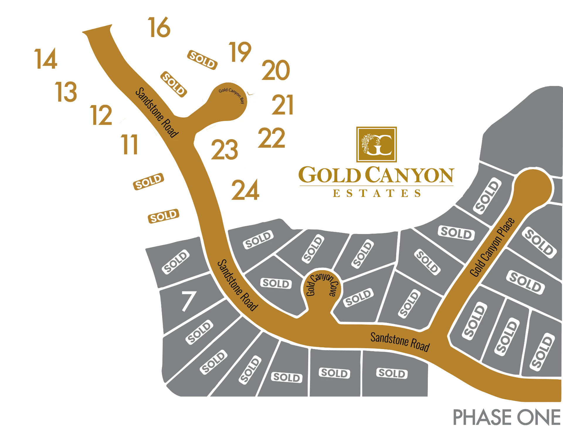 Gold Canyon Estates site plan showing available and sold lots across Phase 01 and Phase 02