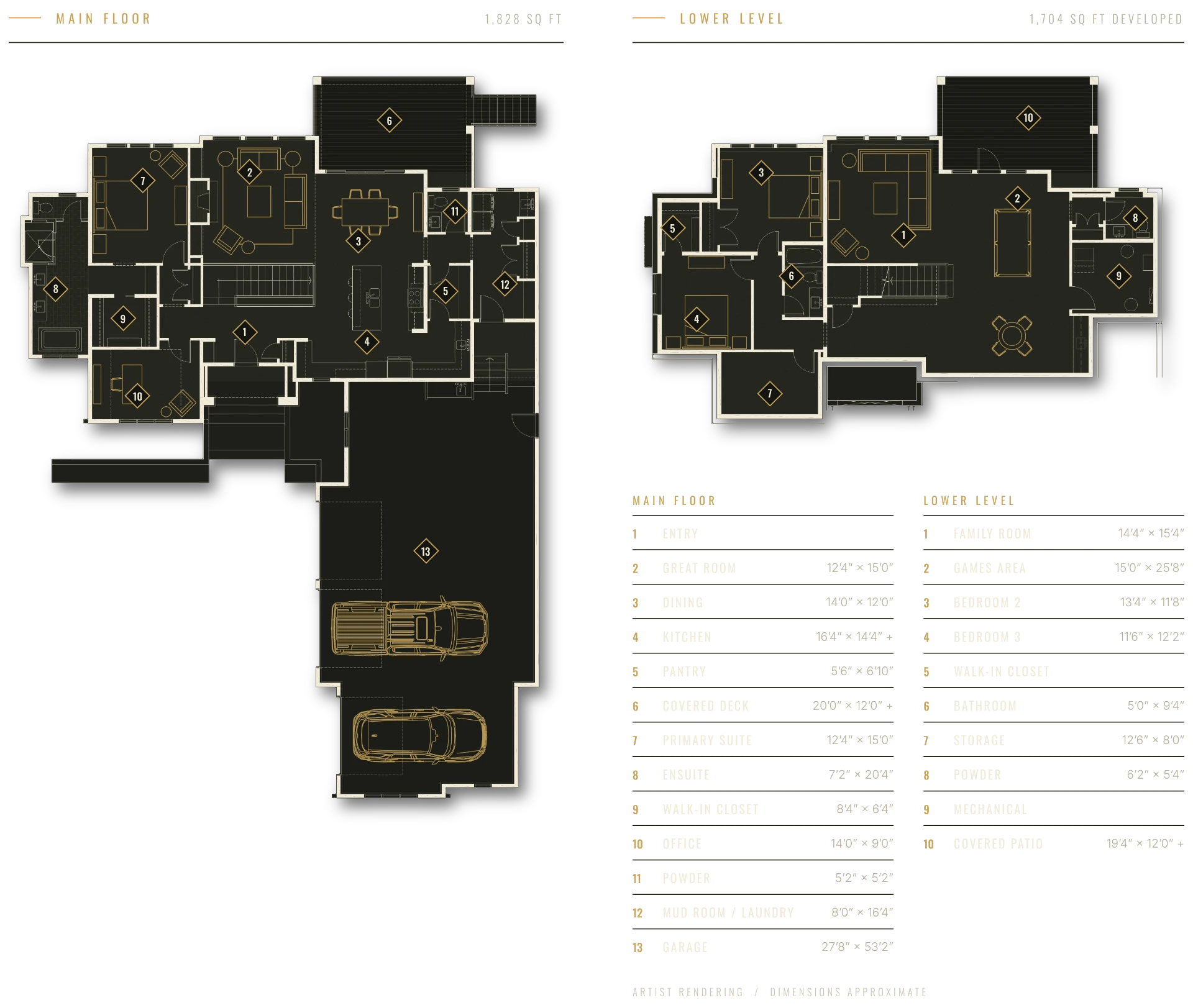 Main floor and lower level floor plans for 709 Gold Canyon Bay S
